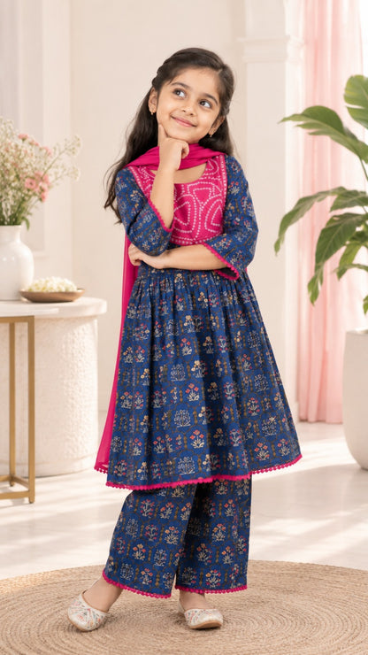 Navy Blue ColourMughal Boota, screen printed Girls Flare Suit Set