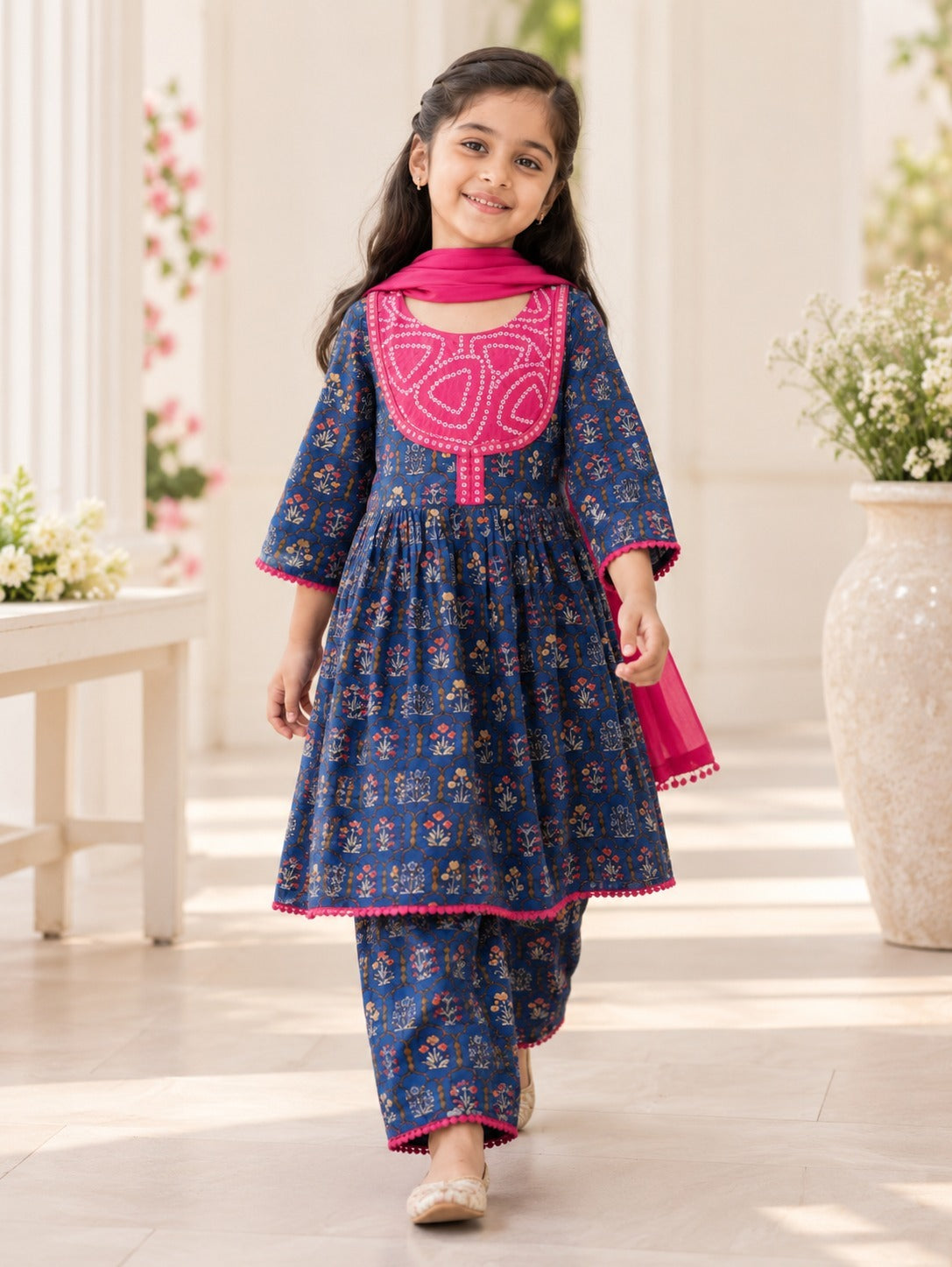 Navy Blue ColourMughal Boota, screen printed Girls Flare Suit Set