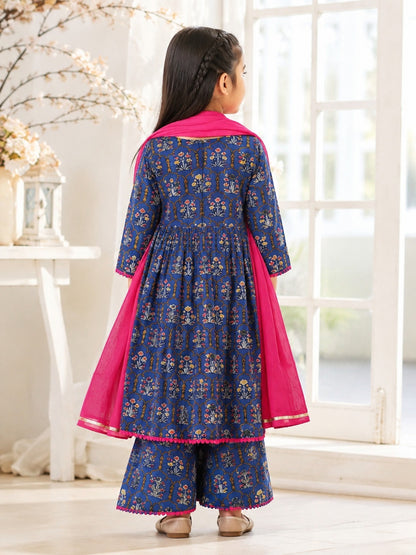 Navy Blue ColourMughal Boota, screen printed Girls Flare Suit Set