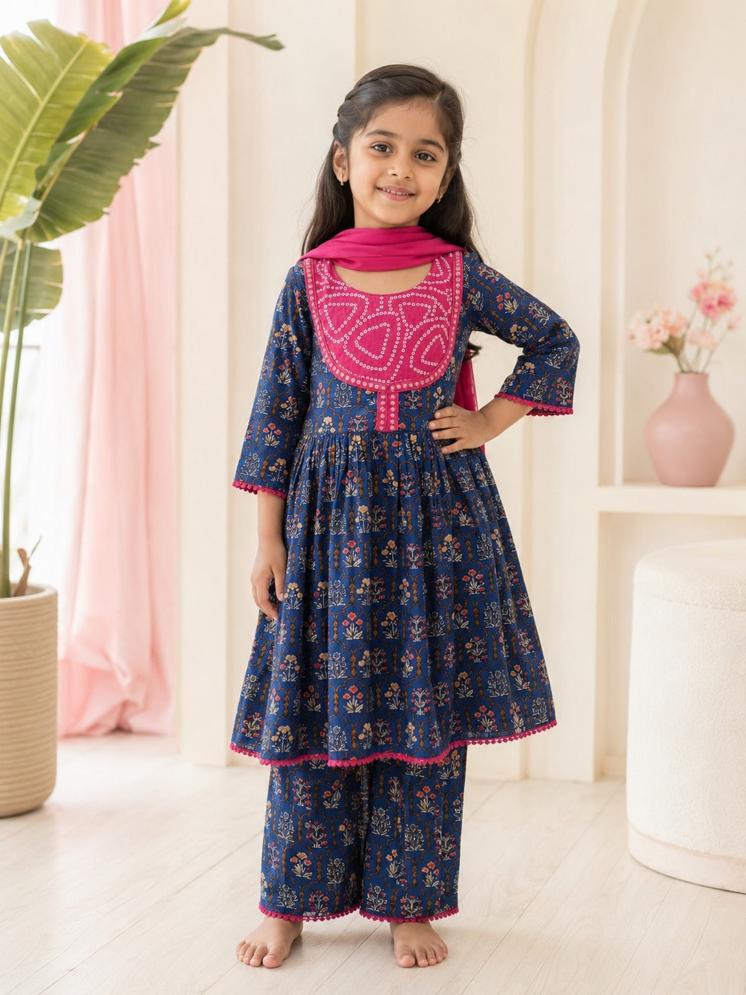 Navy Blue ColourMughal Boota, screen printed Girls Flare Suit Set