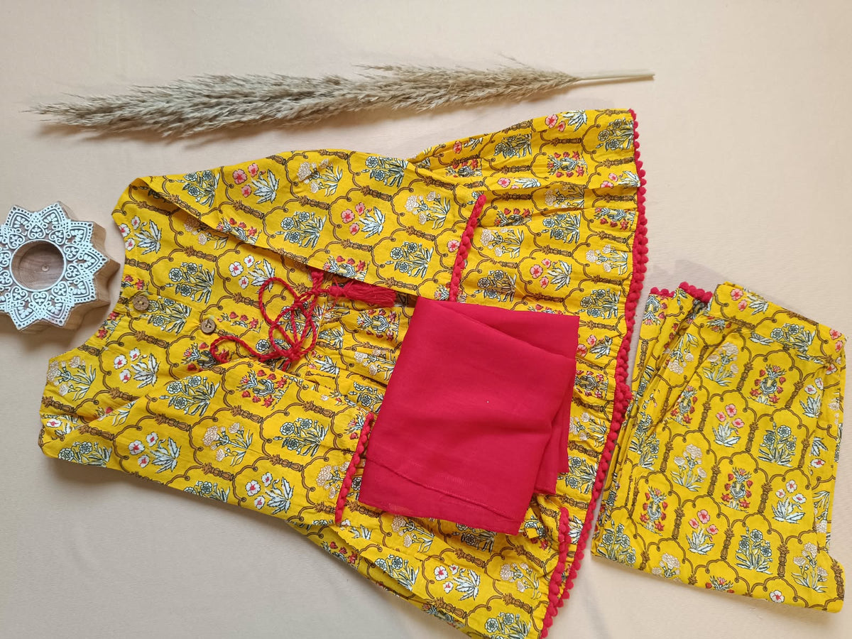 Yellow Colour Mughal Boota, screen printed Girls Flare Suit Set