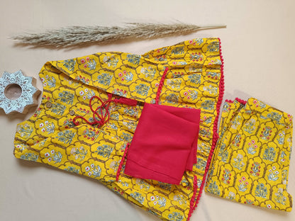 Yellow Colour Mughal Boota, screen printed Girls Flare Suit Set