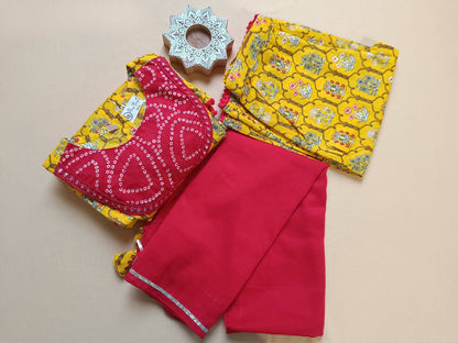 Yellow Colour Mughal Boota, screen printed Girls Flare Suit Set