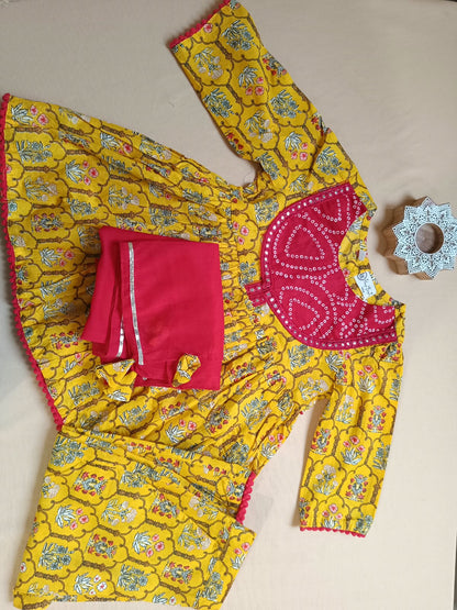 Yellow Colour Mughal Boota, screen printed Girls Flare Suit Set