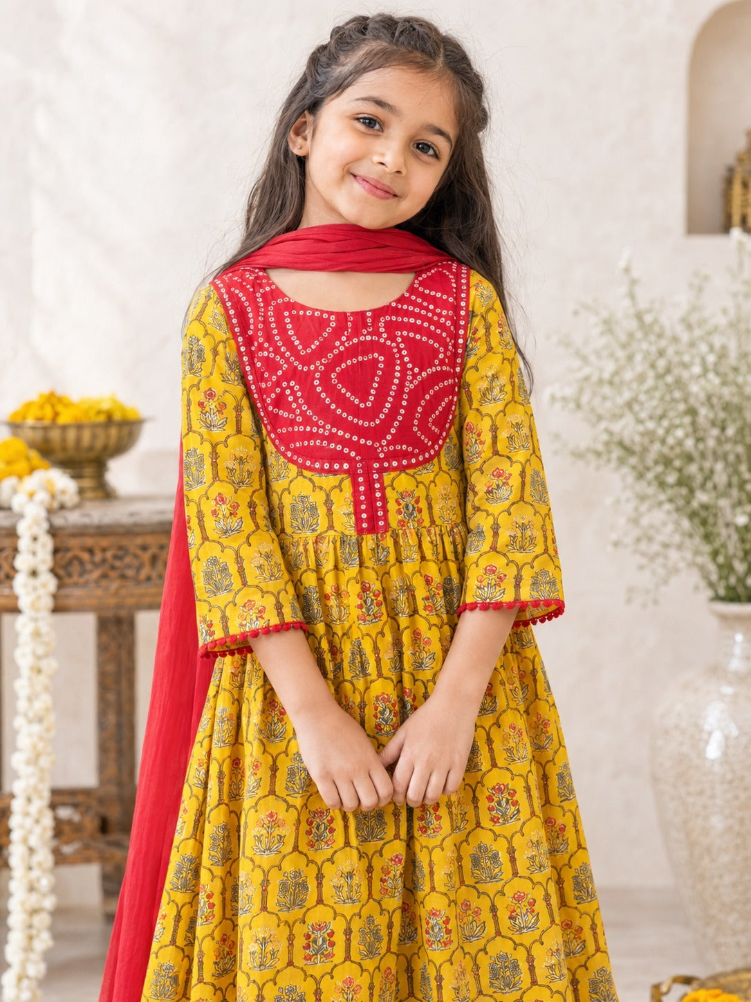 Yellow Colour Mughal Boota, screen printed Girls Flare Suit Set