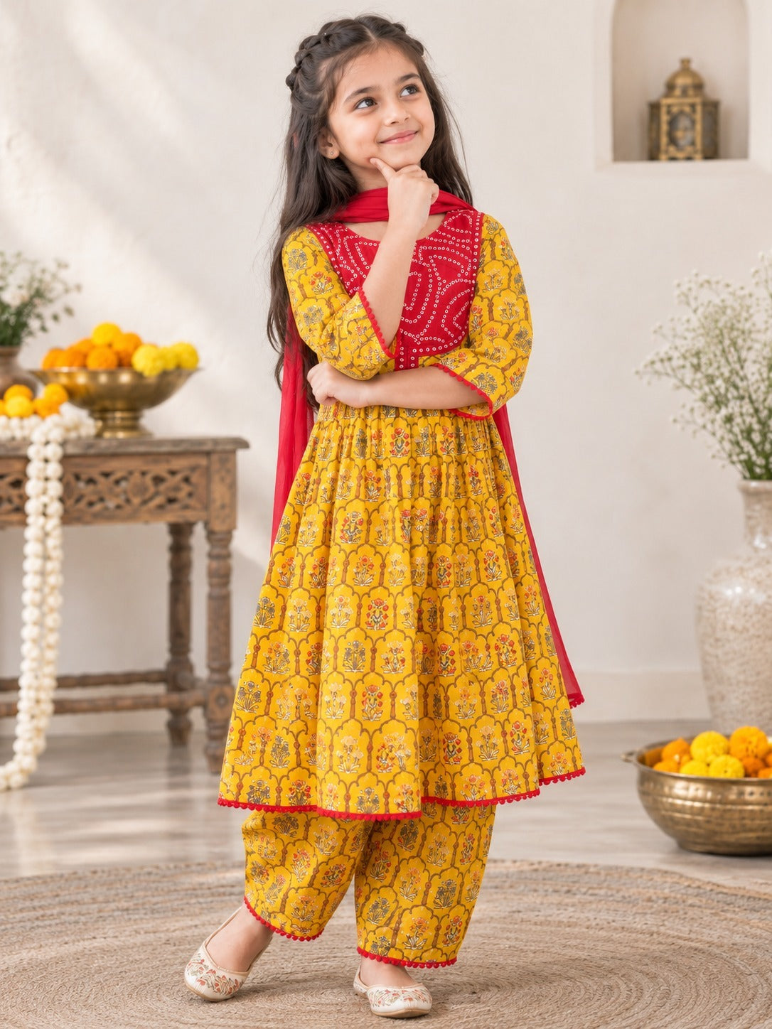 Yellow Colour Mughal Boota, screen printed Girls Flare Suit Set