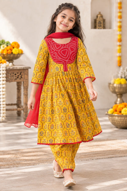 Yellow Colour Mughal Boota, screen printed Girls Flare Suit Set