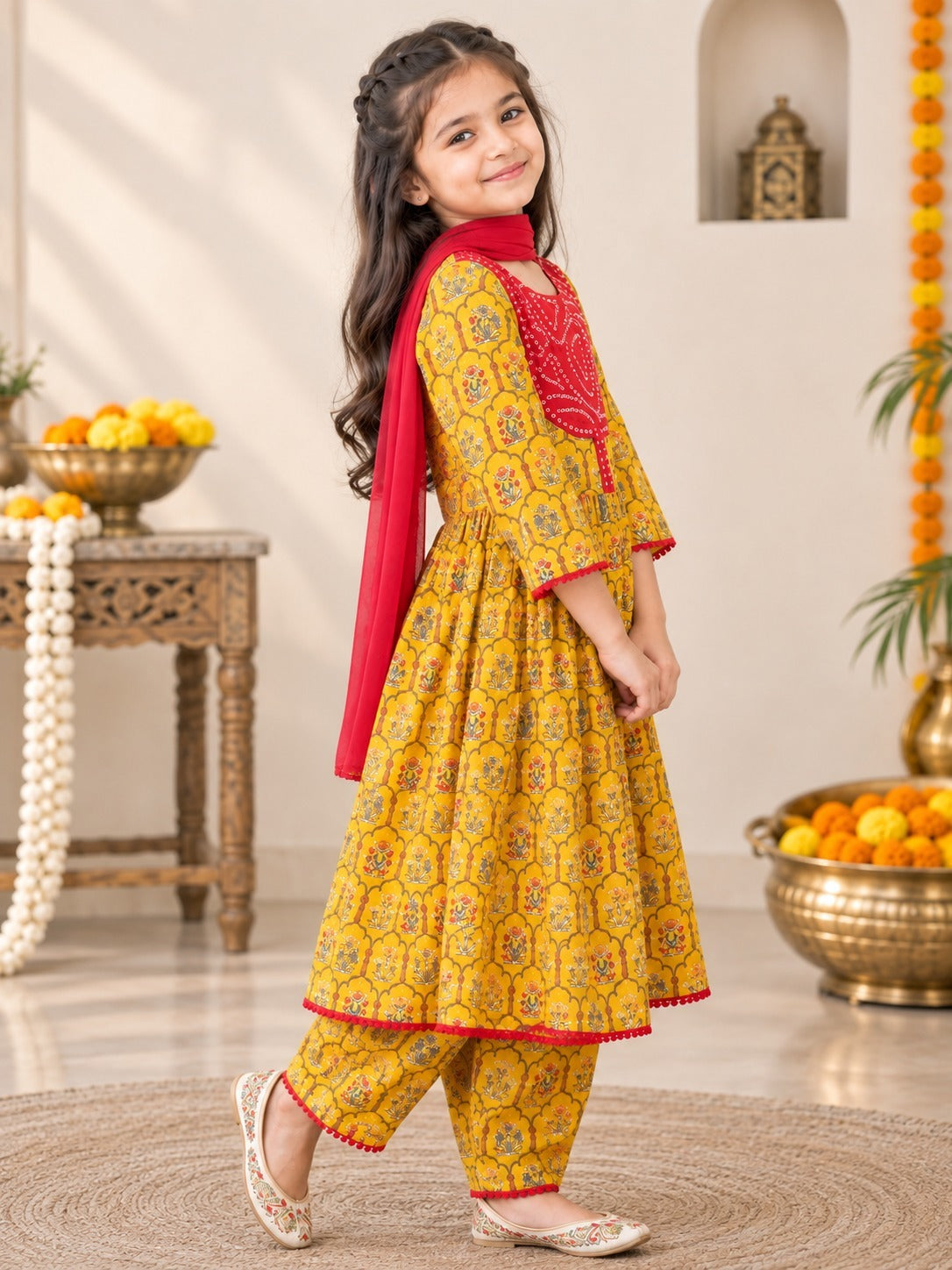 Yellow Colour Mughal Boota, screen printed Girls Flare Suit Set