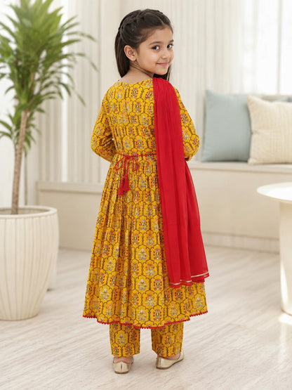 Yellow Colour Mughal Boota, screen printed Girls Flare Suit Set