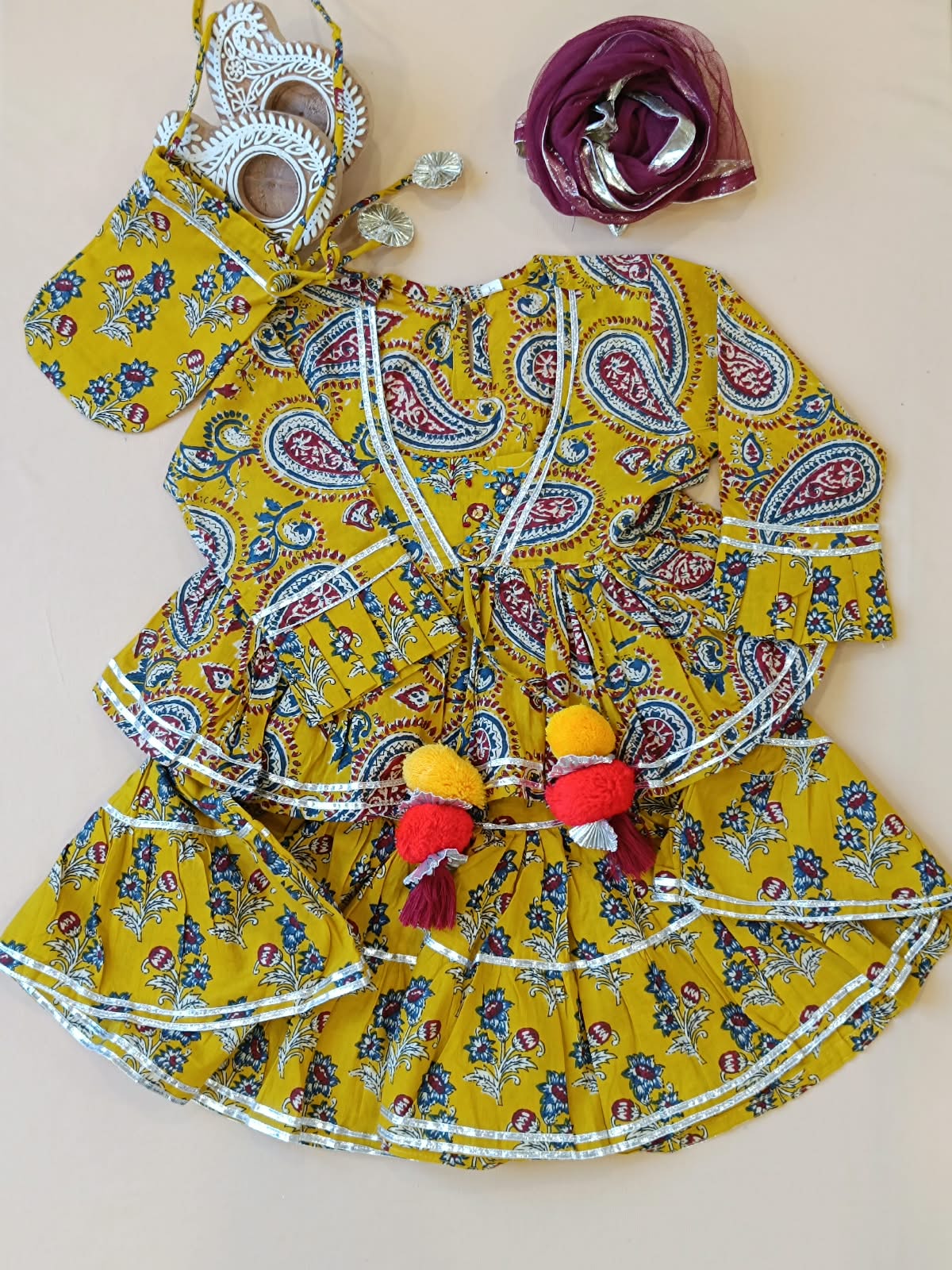 Block Print Mustard Coloured Lehnga Choli