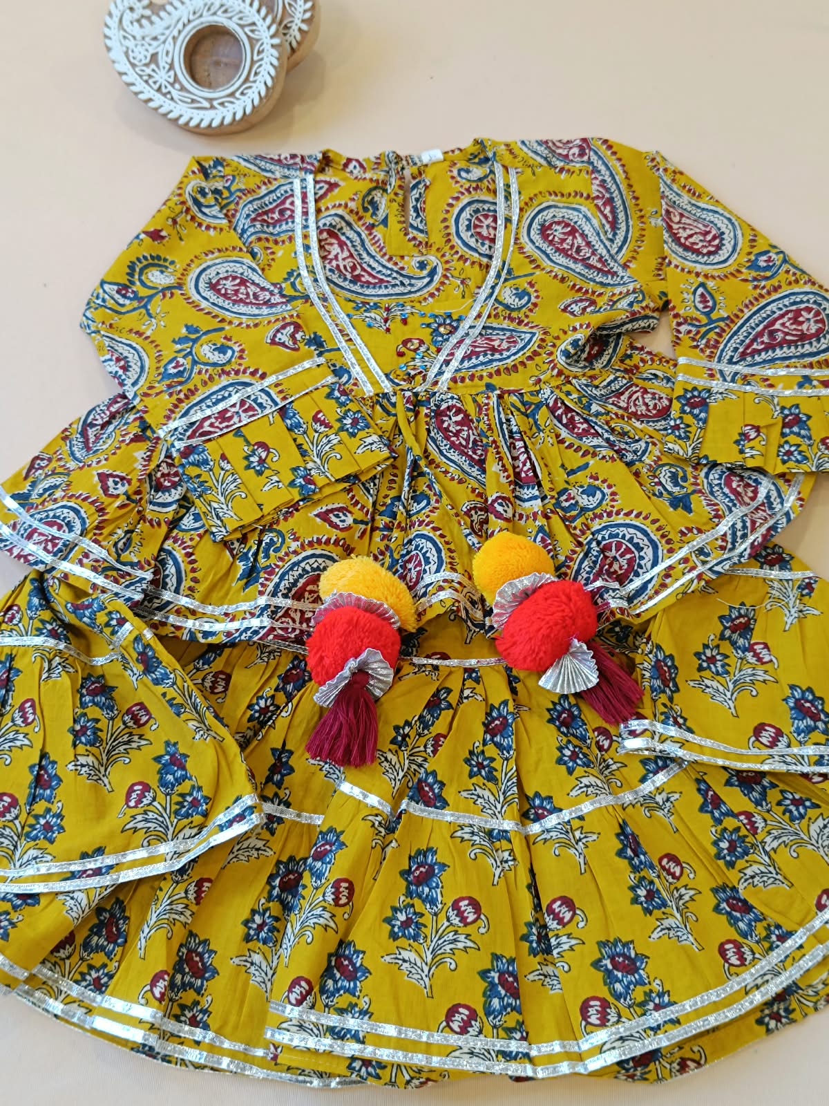 Block Print Mustard Coloured Lehnga Choli