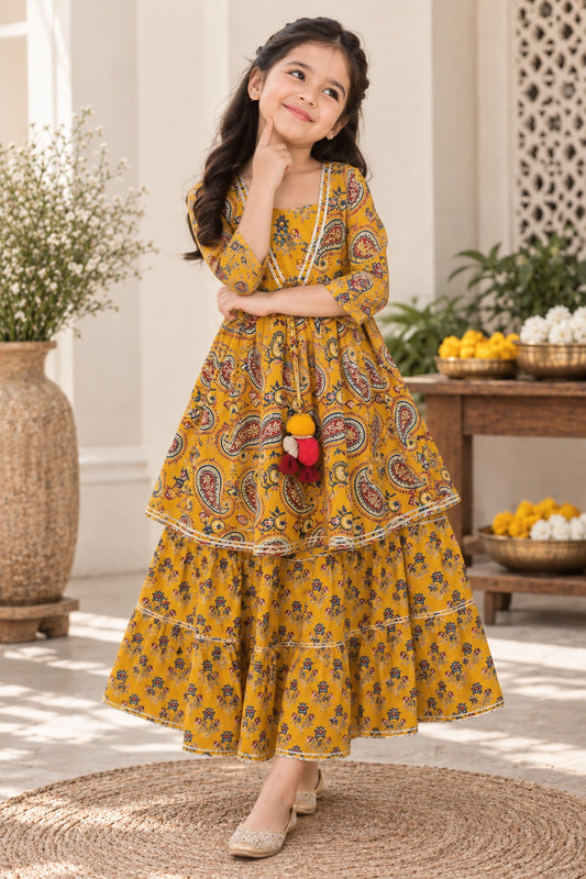 Block Print Mustard Coloured Lehnga Choli
