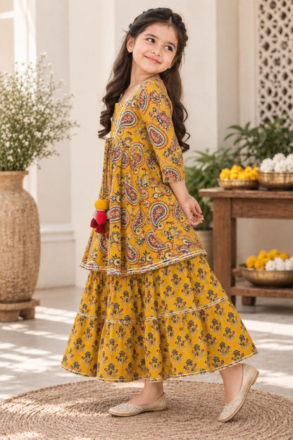 Block Print Mustard Coloured Lehnga Choli
