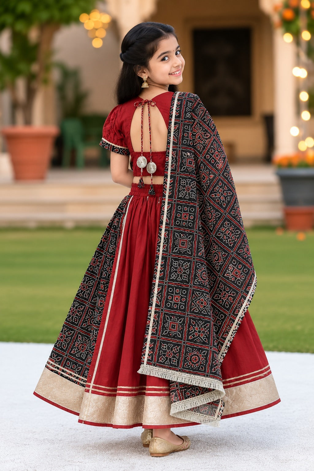 Gujarati Marron/ Black Bandhani Lehnga- Choli set