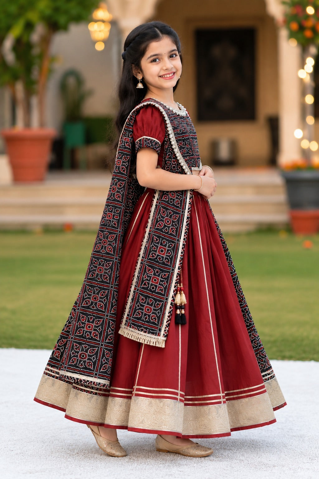 Gujarati Marron/ Black Bandhani Lehnga- Choli set