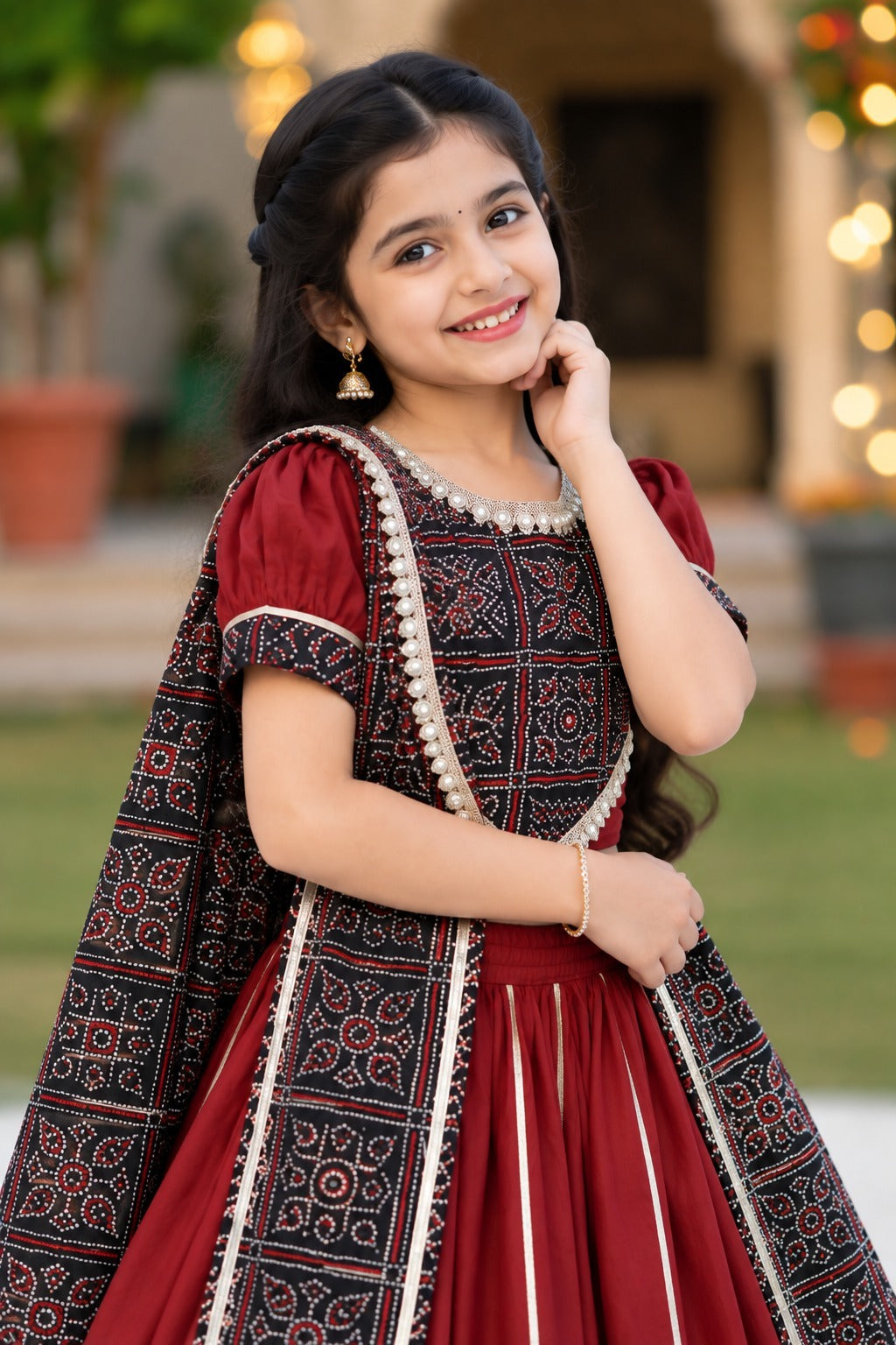 Gujarati Marron/ Black Bandhani Lehnga- Choli set