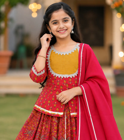 Red Mughal Boota, screen printed Lehnga Choli set