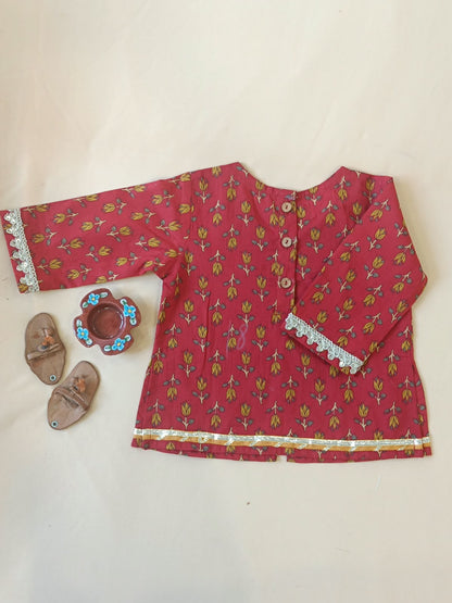Red Mughal Boota, screen printed Lehnga Choli set
