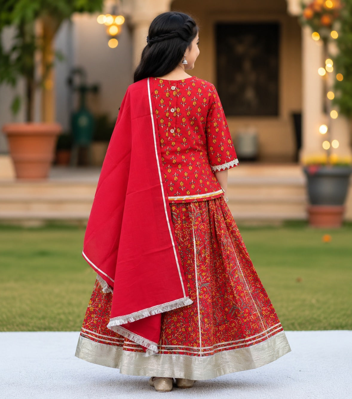 Red Mughal Boota, screen printed Lehnga Choli set