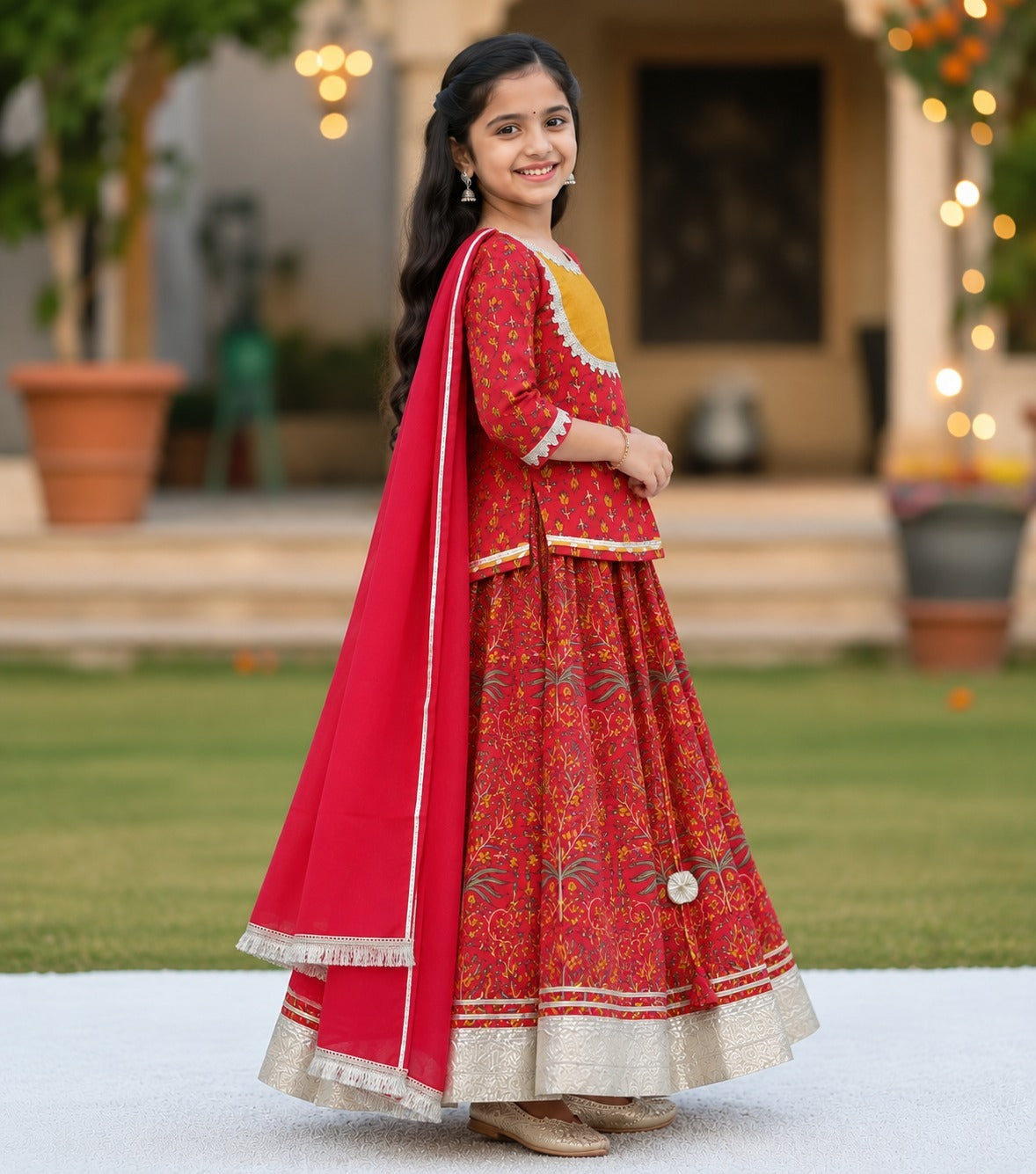 Red Mughal Boota, screen printed Lehnga Choli set
