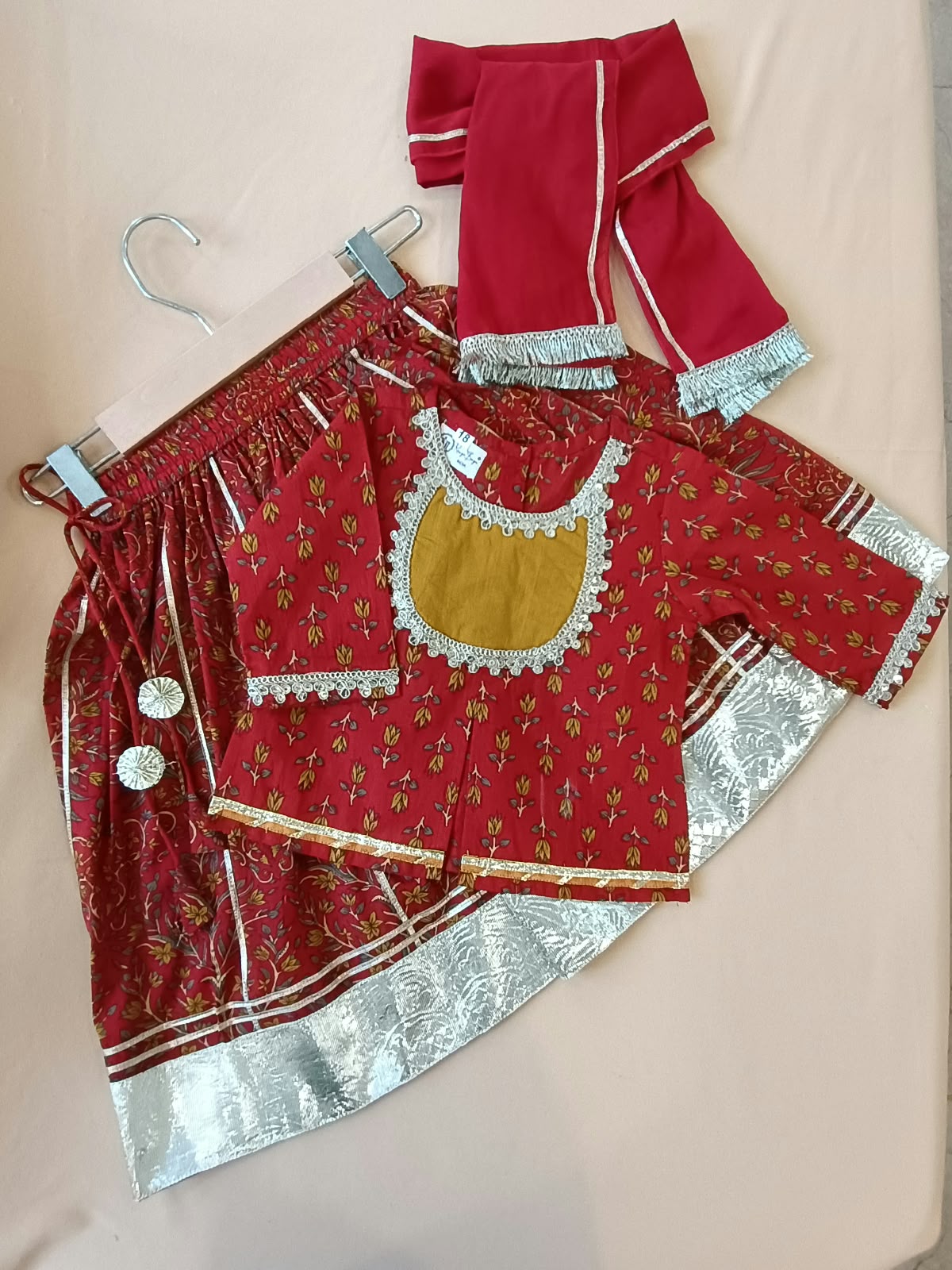 Red Mughal Boota, screen printed Lehnga Choli set