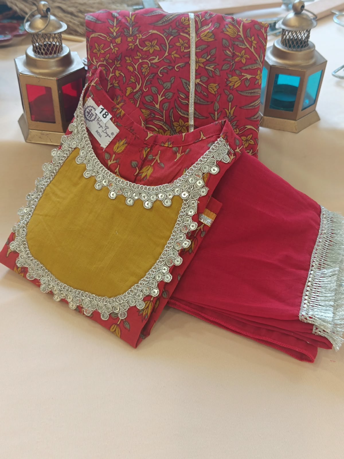 Red Mughal Boota, screen printed Lehnga Choli set