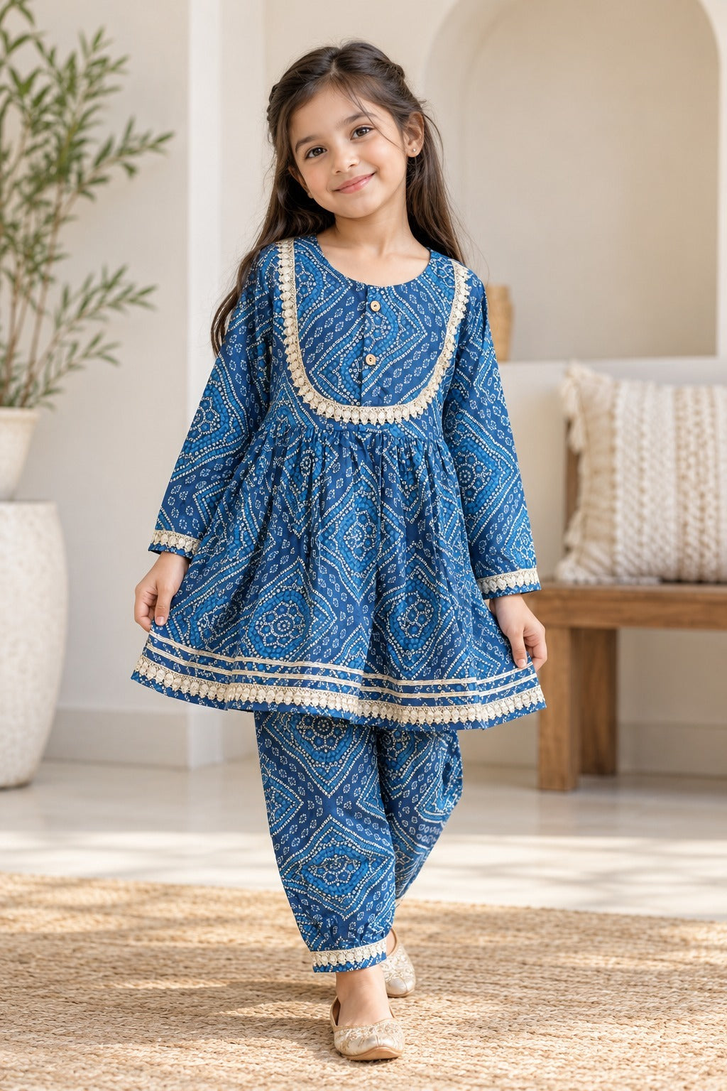 Navy Blue Bandhej Anarkali suit with Afghani Salwar