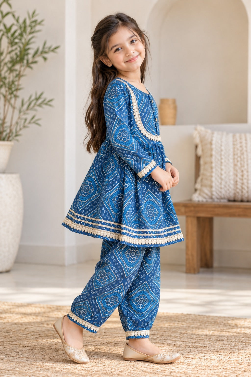 Navy Blue Bandhej Anarkali suit with Afghani Salwar