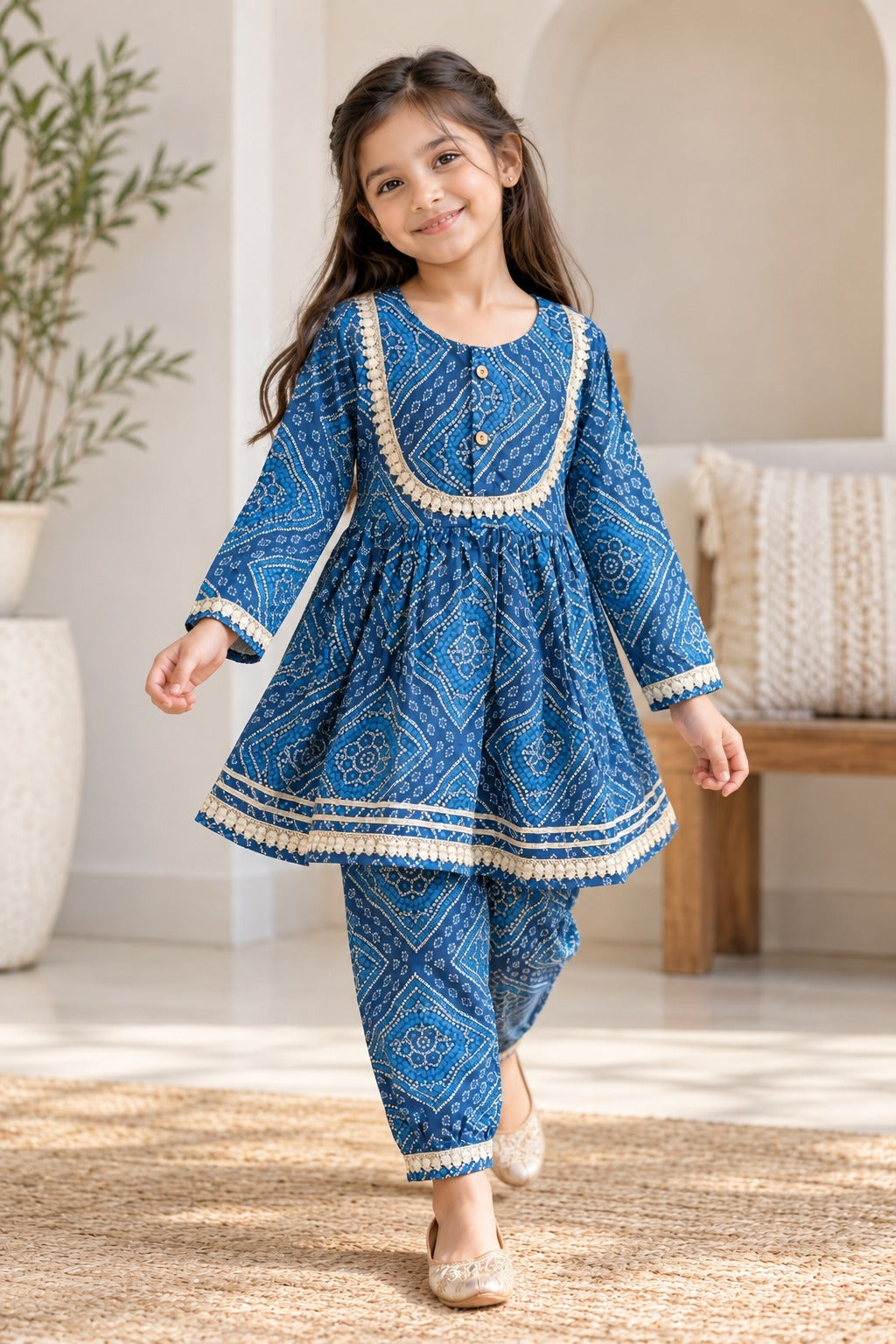 Navy Blue Bandhej Anarkali suit with Afghani Salwar
