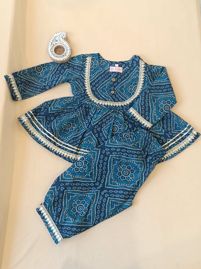 Navy Blue Bandhej Anarkali suit with Afghani Salwar