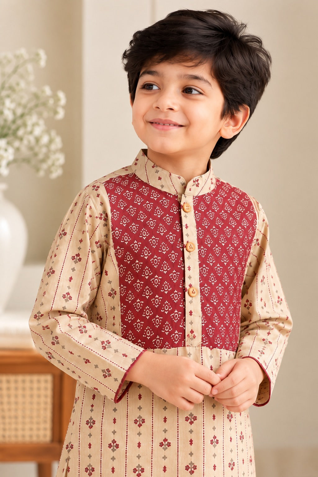 Block printed, Yoke design marron (marron/Beige) Coloured kurta -Pyjama set