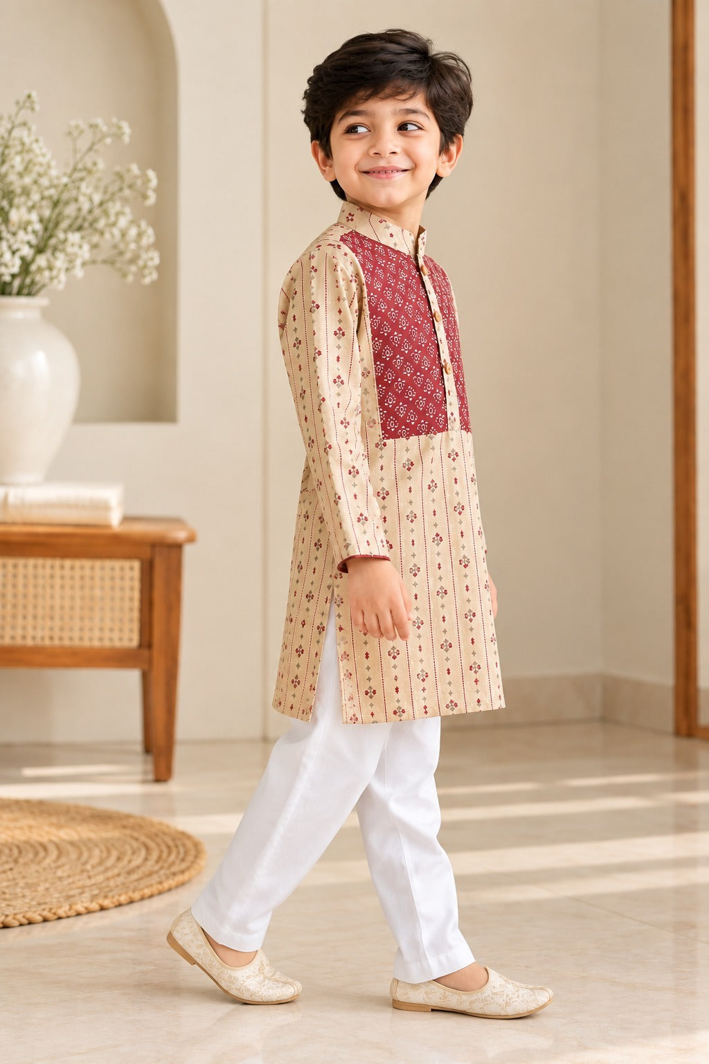 Block printed, Yoke design marron (marron/Beige) Coloured kurta -Pyjama set