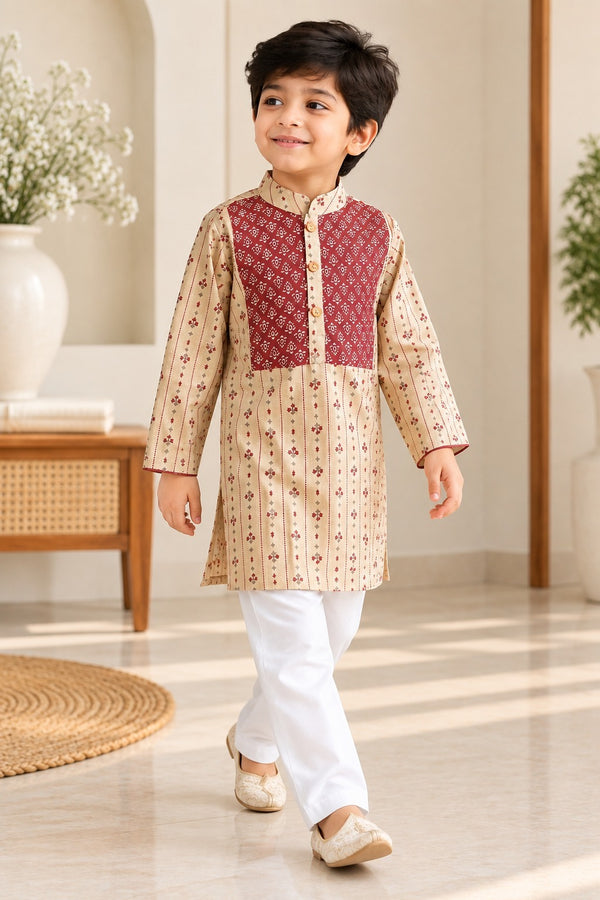 Block printed, Yoke design marron (marron/Beige) Coloured kurta -Pyjama set