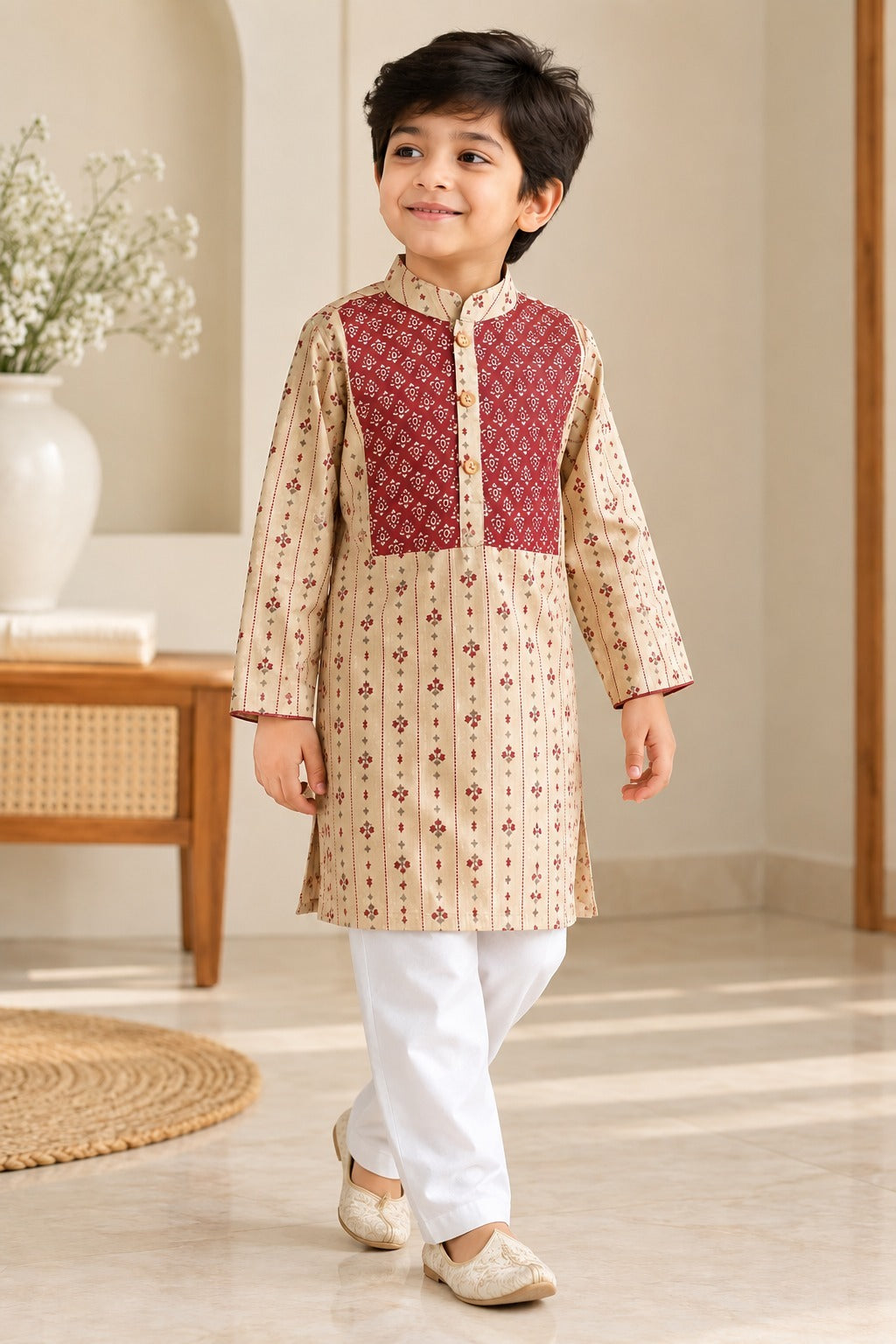 Block printed, Yoke design marron (marron/Beige) Coloured kurta -Pyjama set