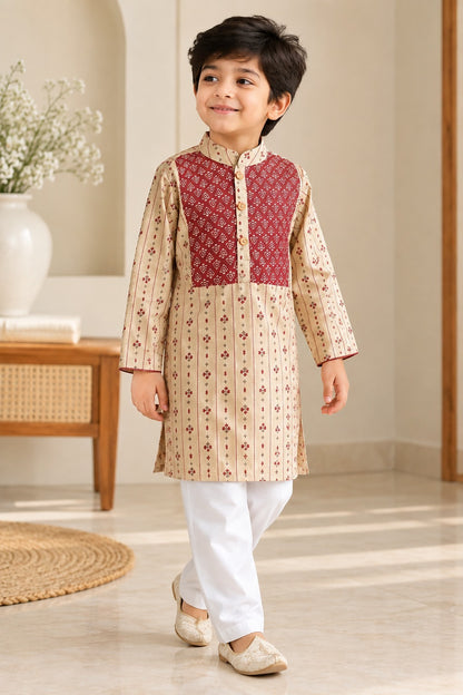Block printed, Yoke design marron (marron/Beige) Coloured kurta -Pyjama set
