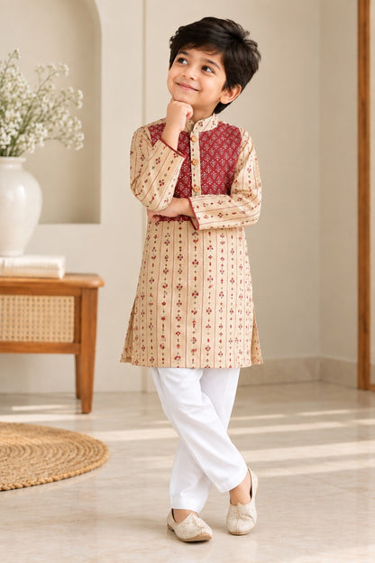 Block printed, Yoke design marron (marron/Beige) Coloured kurta -Pyjama set