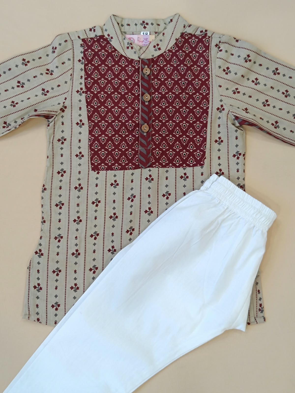 Block printed, Yoke design marron (marron/Beige) Coloured kurta -Pyjama set