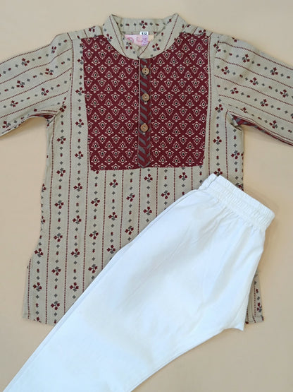 Block printed, Yoke design marron (marron/Beige) Coloured kurta -Pyjama set