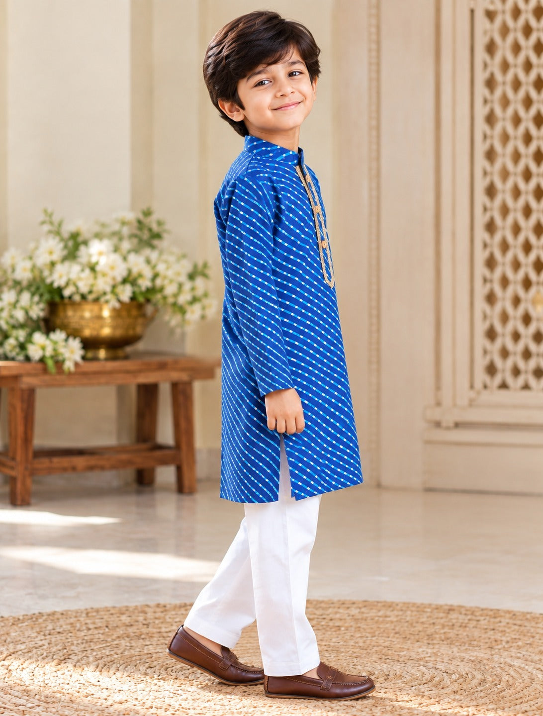 Leheriya printed, Yoke design, Blue Colored kurta -Pyjama set