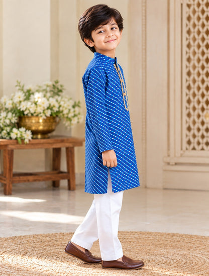 Leheriya printed, Yoke design, Blue Colored kurta -Pyjama set