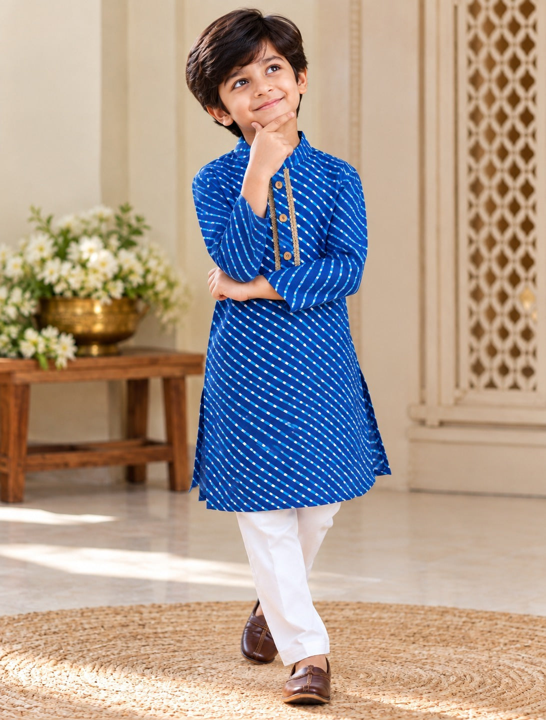 Leheriya printed, Yoke design, Blue Colored kurta -Pyjama set