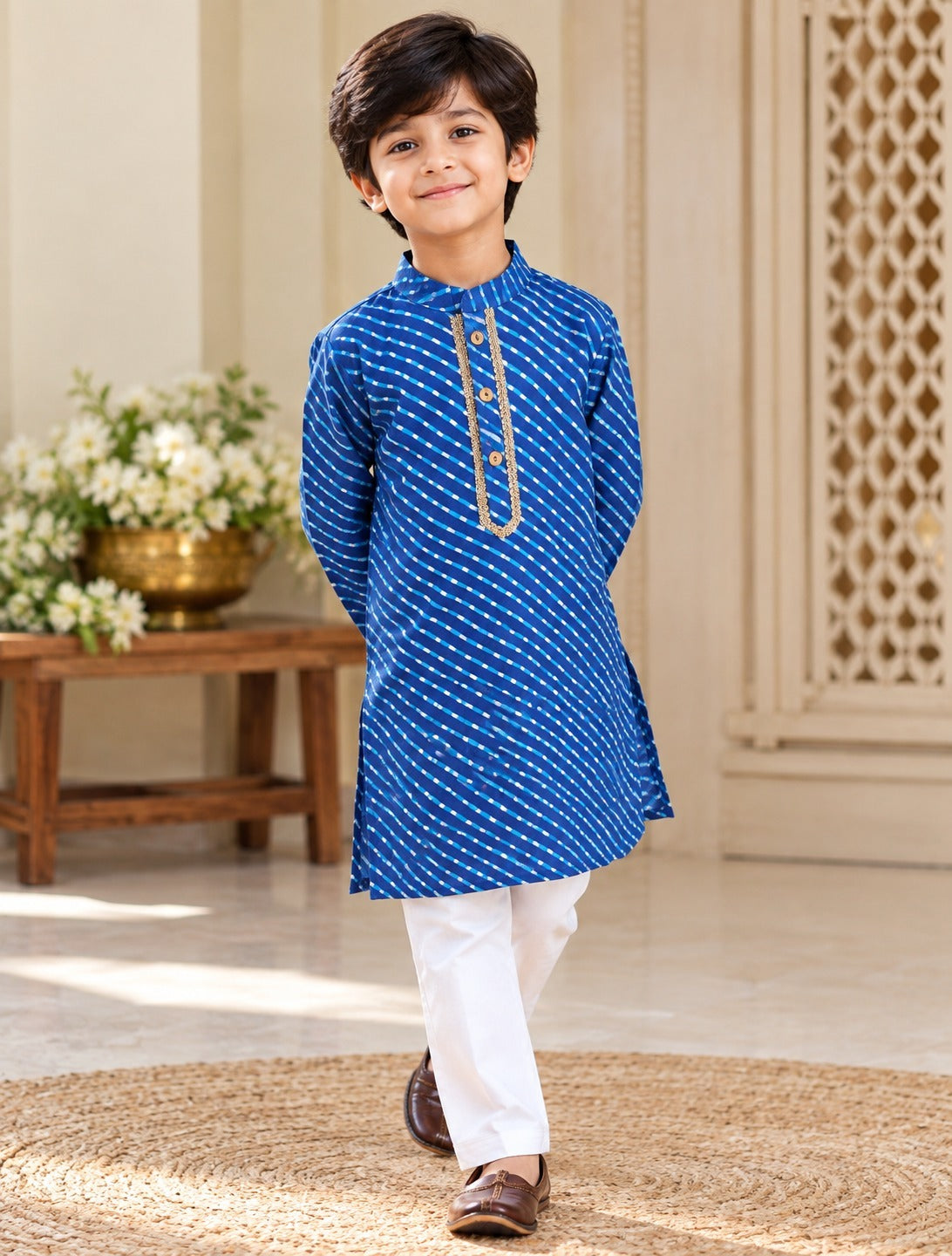 Leheriya printed, Yoke design, Blue Colored kurta -Pyjama set