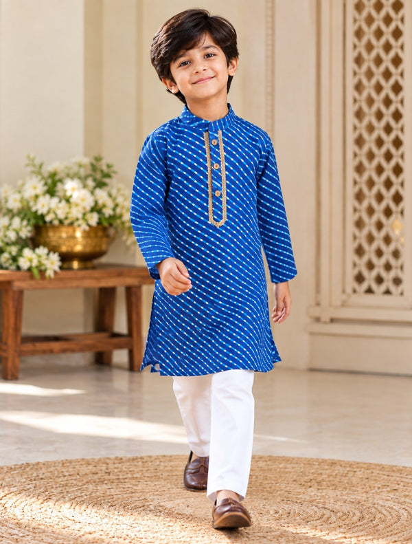 Leheriya printed, Yoke design, Blue Colored kurta -Pyjama set