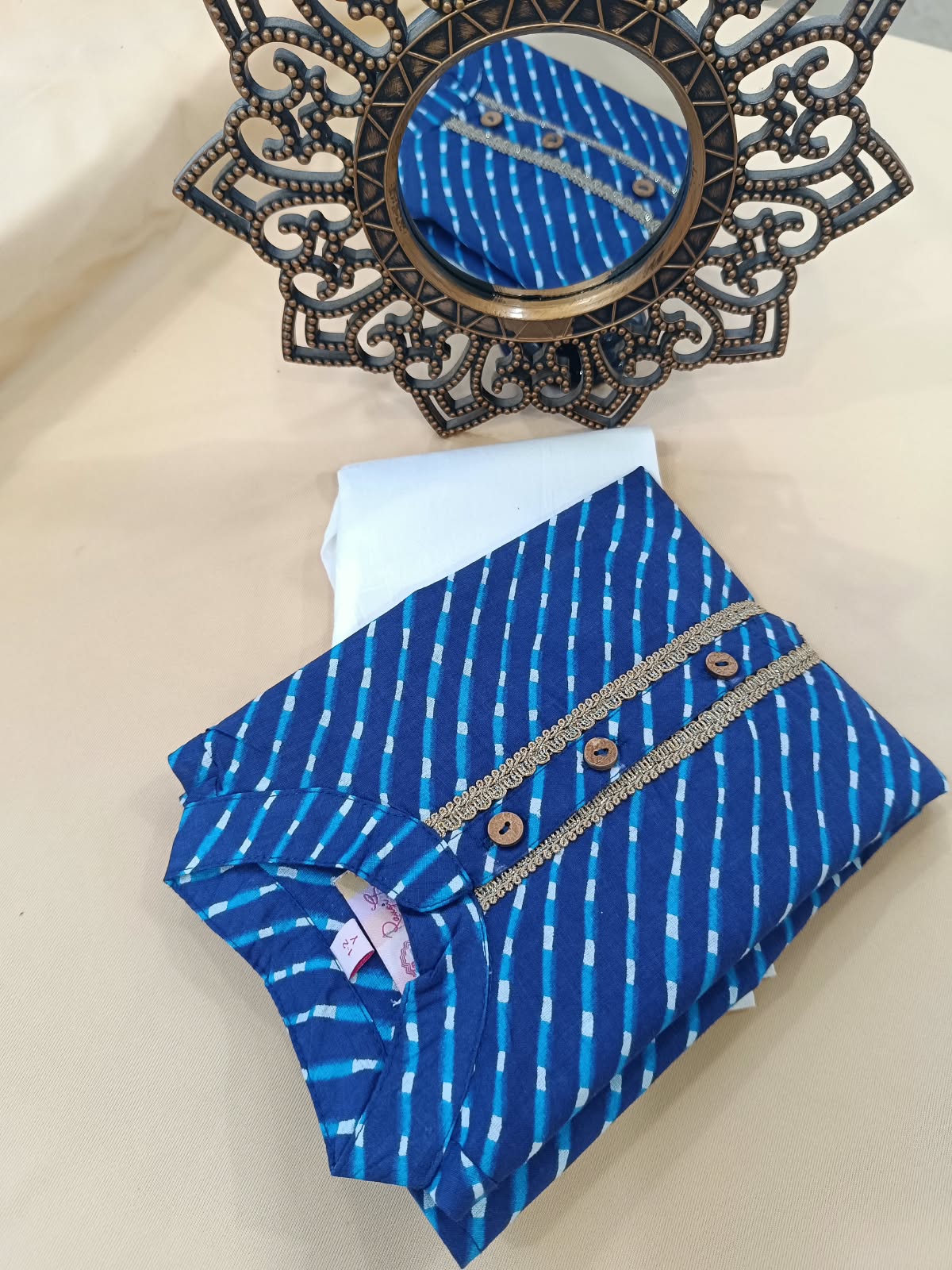 Leheriya printed, Yoke design, Blue Colored kurta -Pyjama set