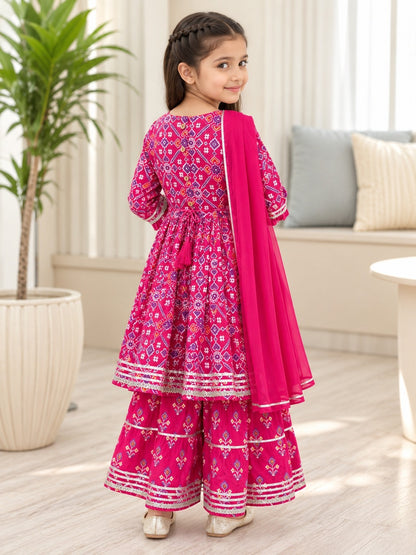 Patola printed, Pink colored flared kurti with sharara and dupatta