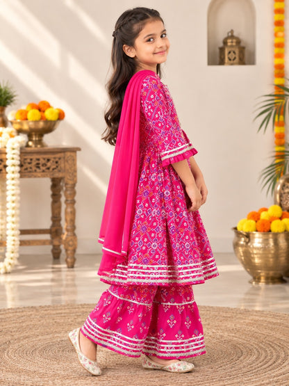 Patola printed, Pink colored flared kurti with sharara and dupatta