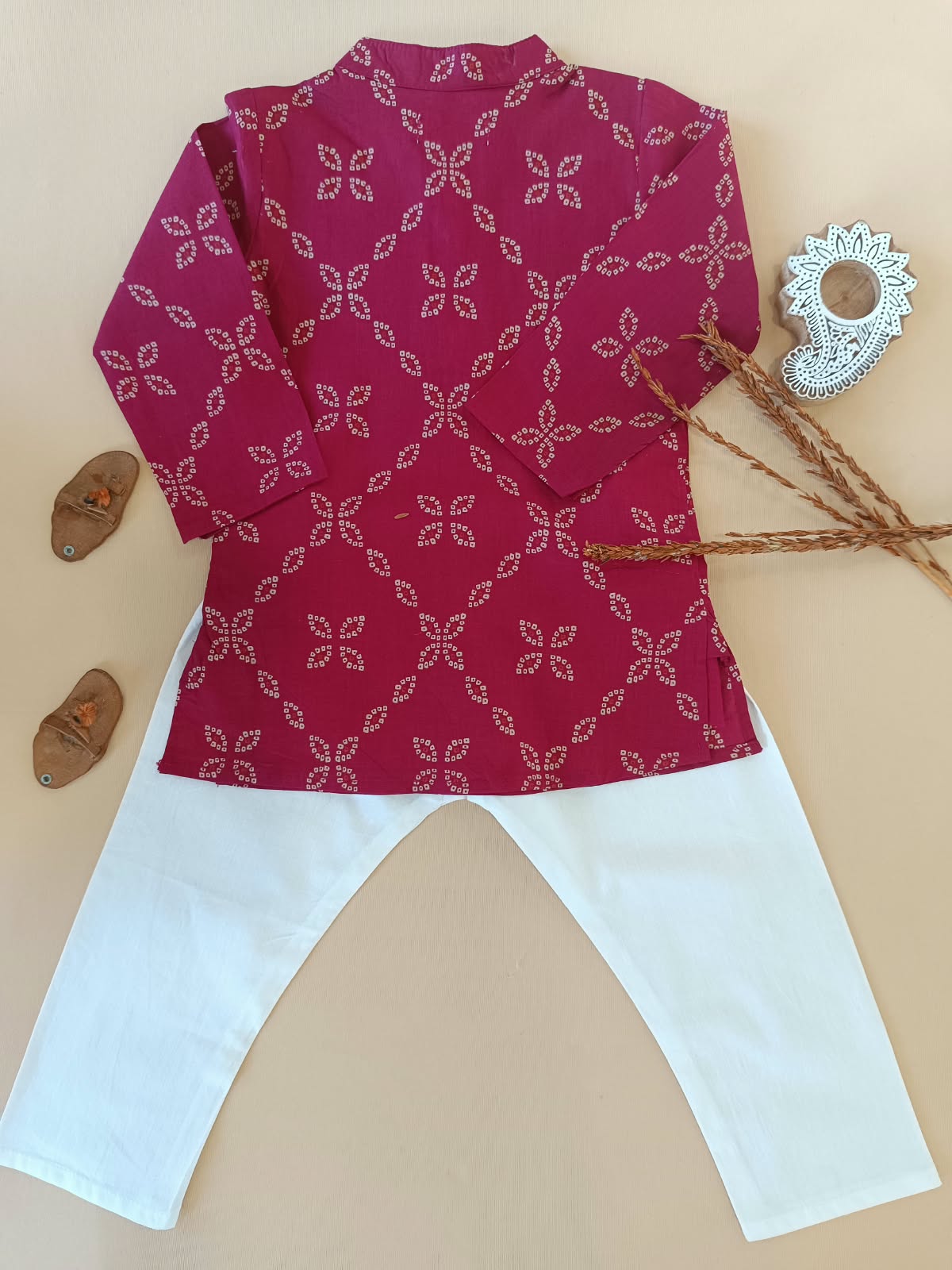Bandhej printed, Yoke design, Rani Pink Colored kurta -Pyjama set