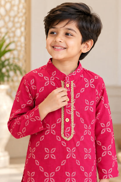 Bandhej printed, Yoke design, Rani Pink Colored kurta -Pyjama set