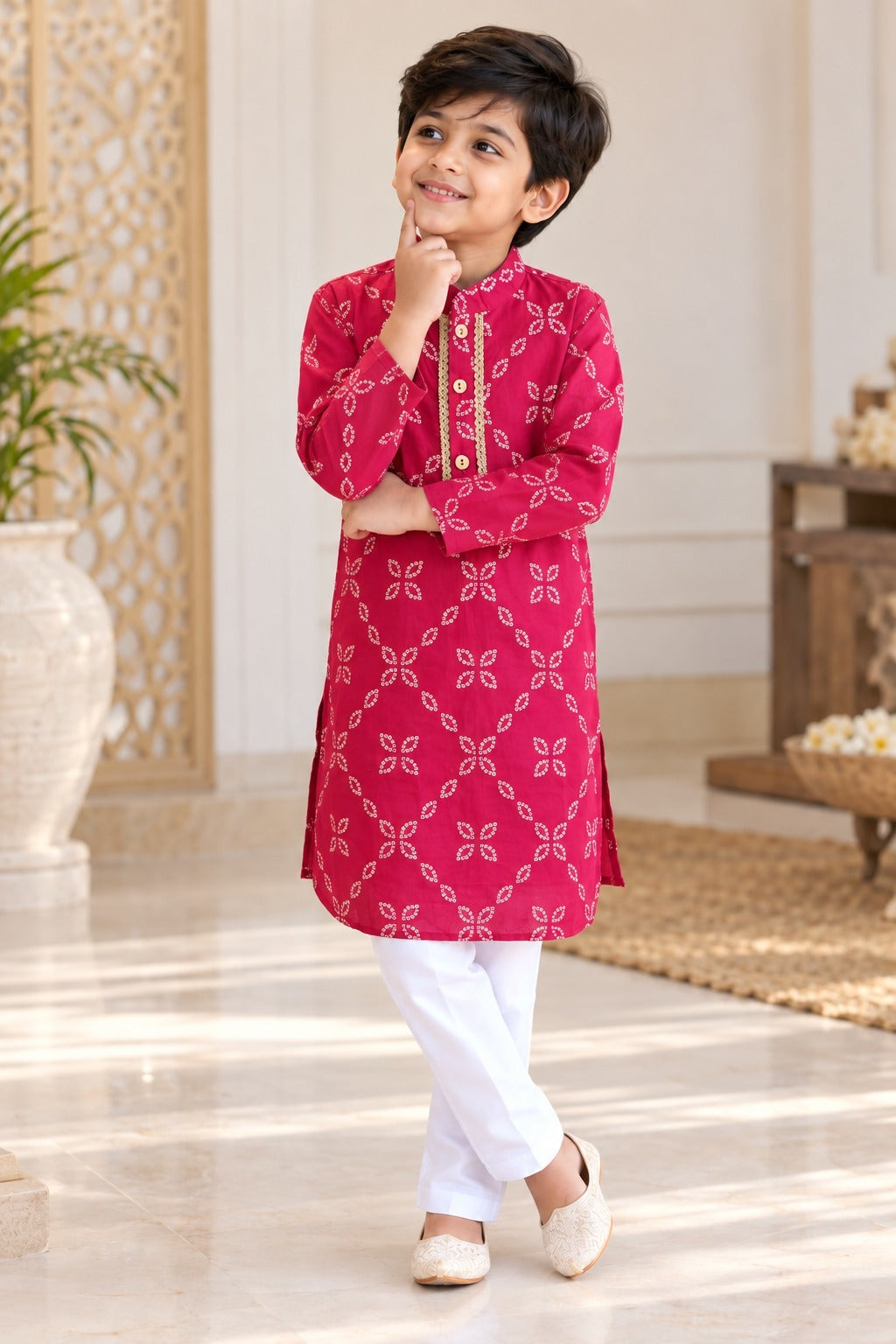 Bandhej printed, Yoke design, Rani Pink Colored kurta -Pyjama set