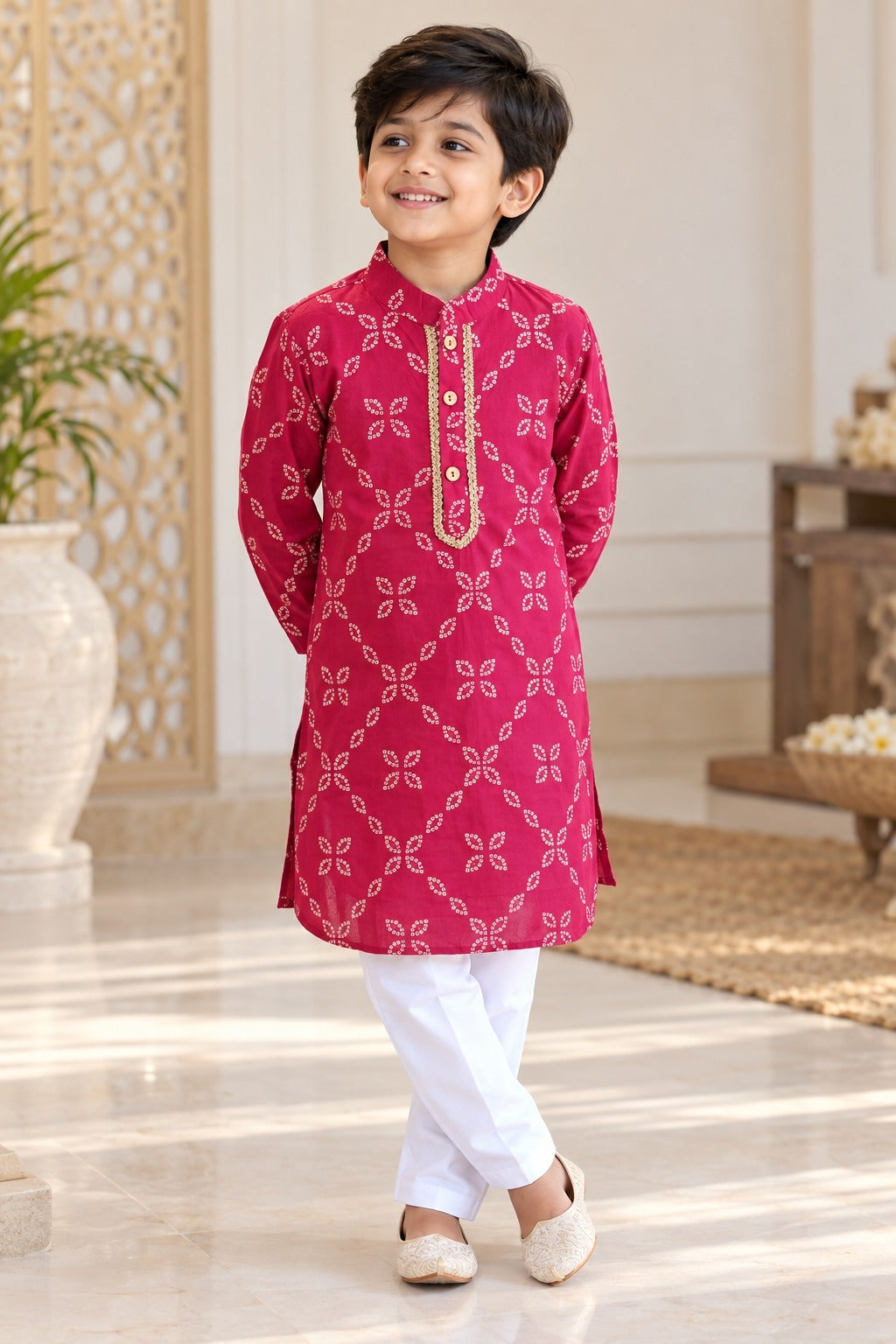 Bandhej printed, Yoke design, Rani Pink Colored kurta -Pyjama set